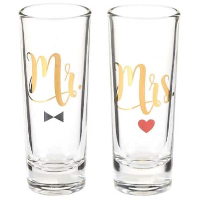 Mr Mrs Couple Shot Glasses Gold Foil Print for Wedding Party - 2 pcs, 2 oz Each