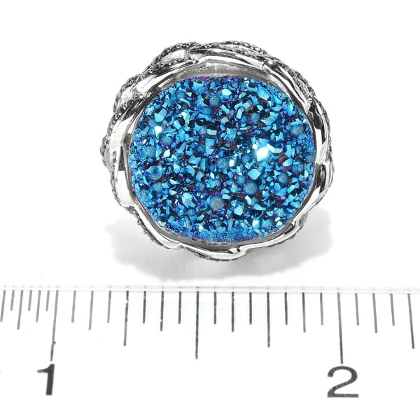 925 Sterling Silver Black Spinel,Blue Drusy Ring
