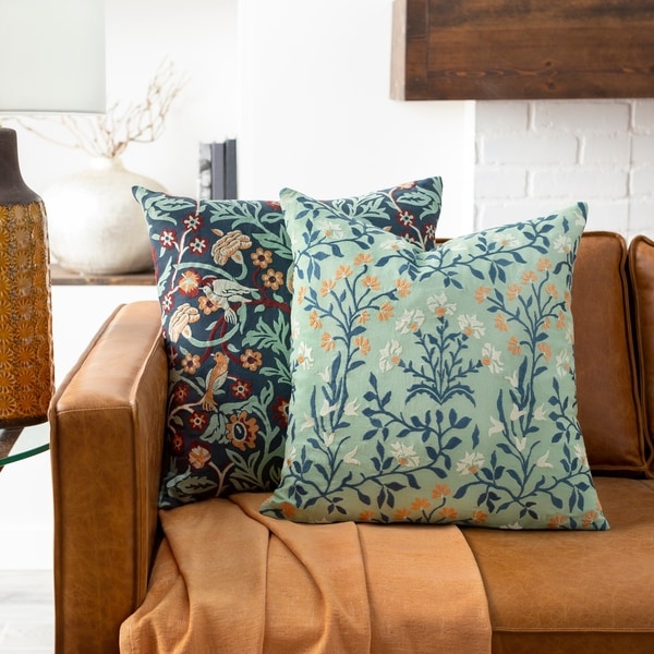 Floral Print Silk Cotton Blue Brown 20 x 20” Cushion Covers Pillowcase Sofa Bed 
