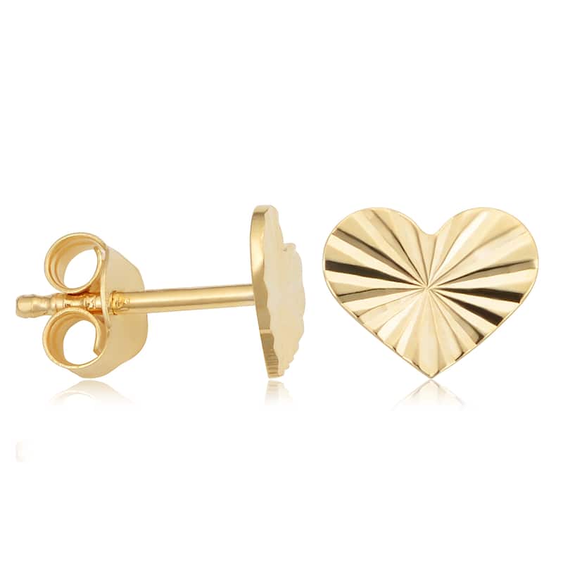 14K Yellow Gold Diamond-cut Heart Stud Earrings Minimalist Jewelry