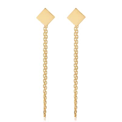 14K Yellow Gold Drape Chain Square Geometric Earrings Jewelry for Women