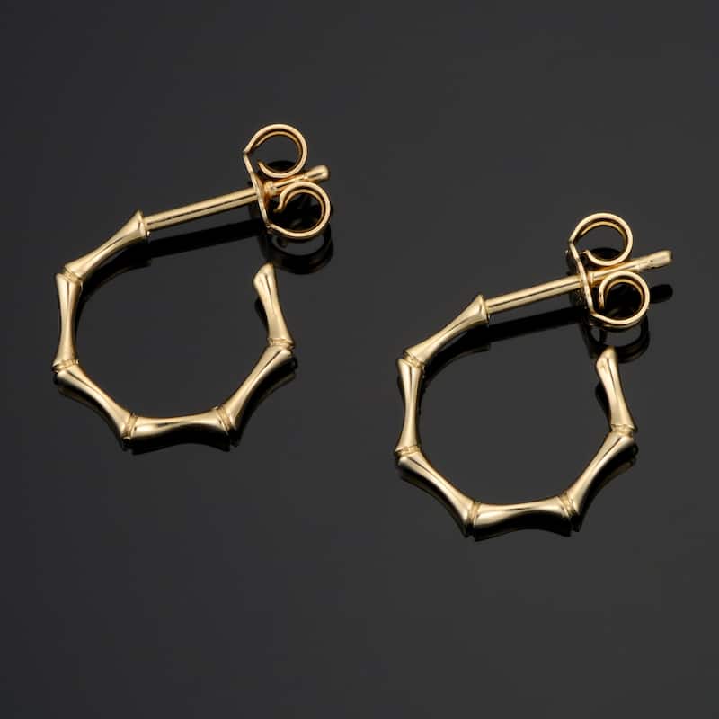 14K Yellow Gold Bamboo Open Hoop Earrings Minimalist Jewelry
