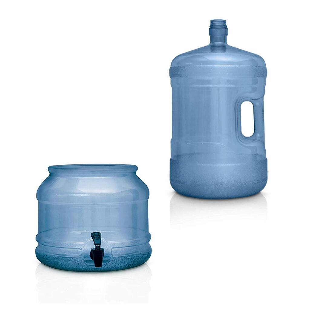 BPA FREE Water Dispenser Base with Faucet & 5 Gallon Water Jug Set - Transparent Blue - For Countertops or Stands - Complete Set