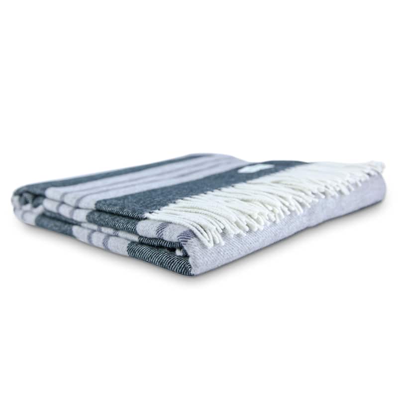 Calyx Interiors Classic Striped Lambswool Blend Throw Blankets Charcoal/Gray with white fringe
