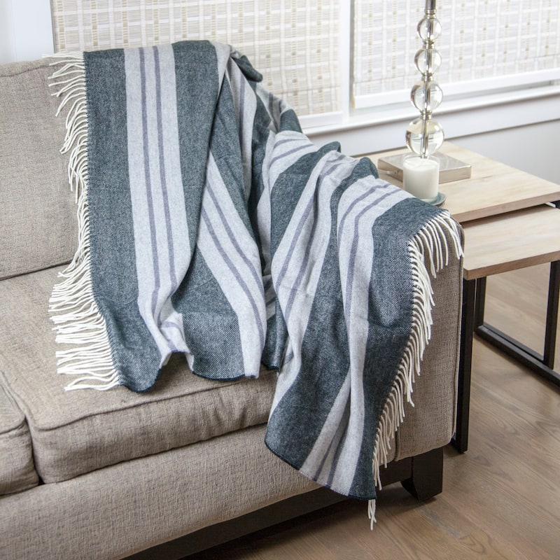 Calyx Interiors Classic Striped Lambswool Blend Throw Blankets Charcoal/Gray with white fringe