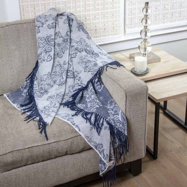 Calyx Interiors Damask Lambswool Blend Throw Blankets Navy gray