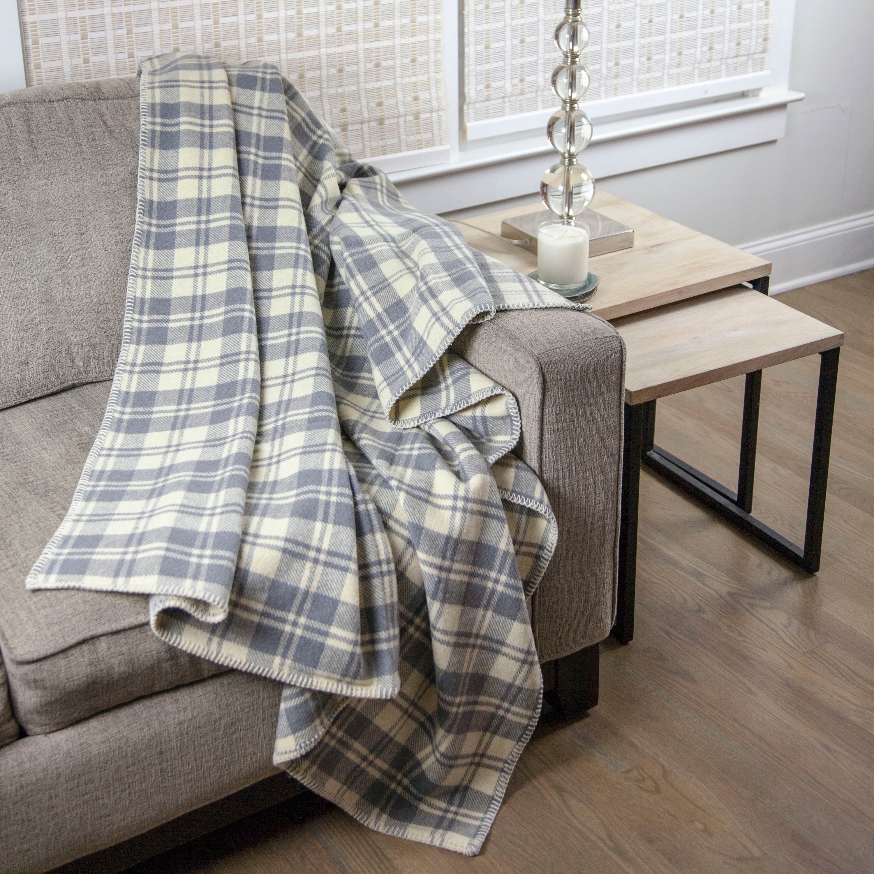 Calyx Interiors 100 Wool Plaid Throw Blankets Light Gray Cream