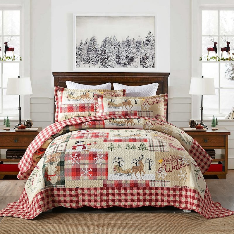 Plaid Patchwork Christmas Quilt Bedding Set - Queen