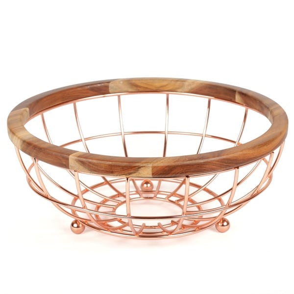 Creative Home Deluxe Acacia Wood and Wire Fruit Basket with Copper Finish