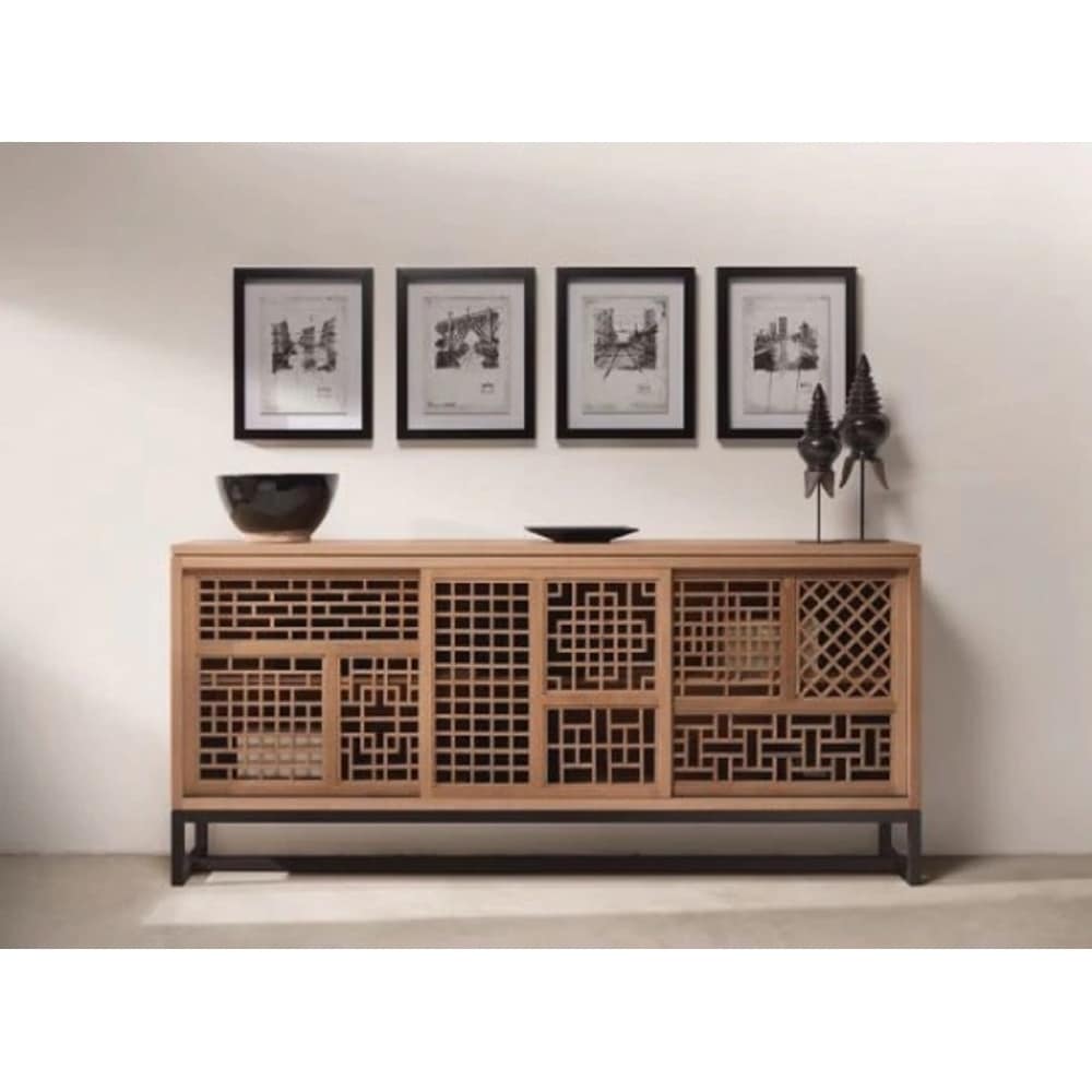 Lilys Living  Oak Iron Carved Lattice Display Buffet With 3 Doors, 79 Inch Long, Brown