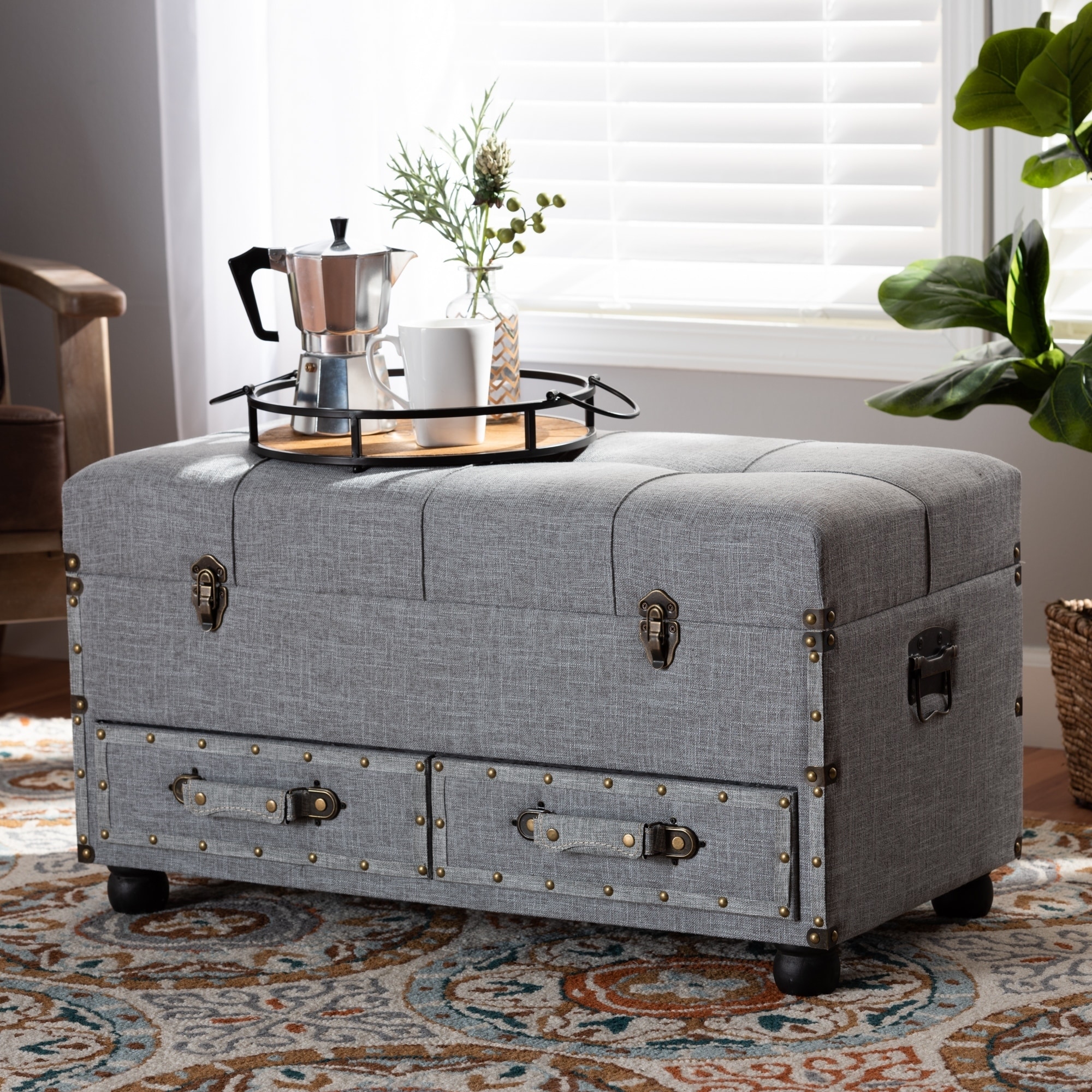 Flynn Modern Transitional Grey Upholstered Storage Trunk Ottoman