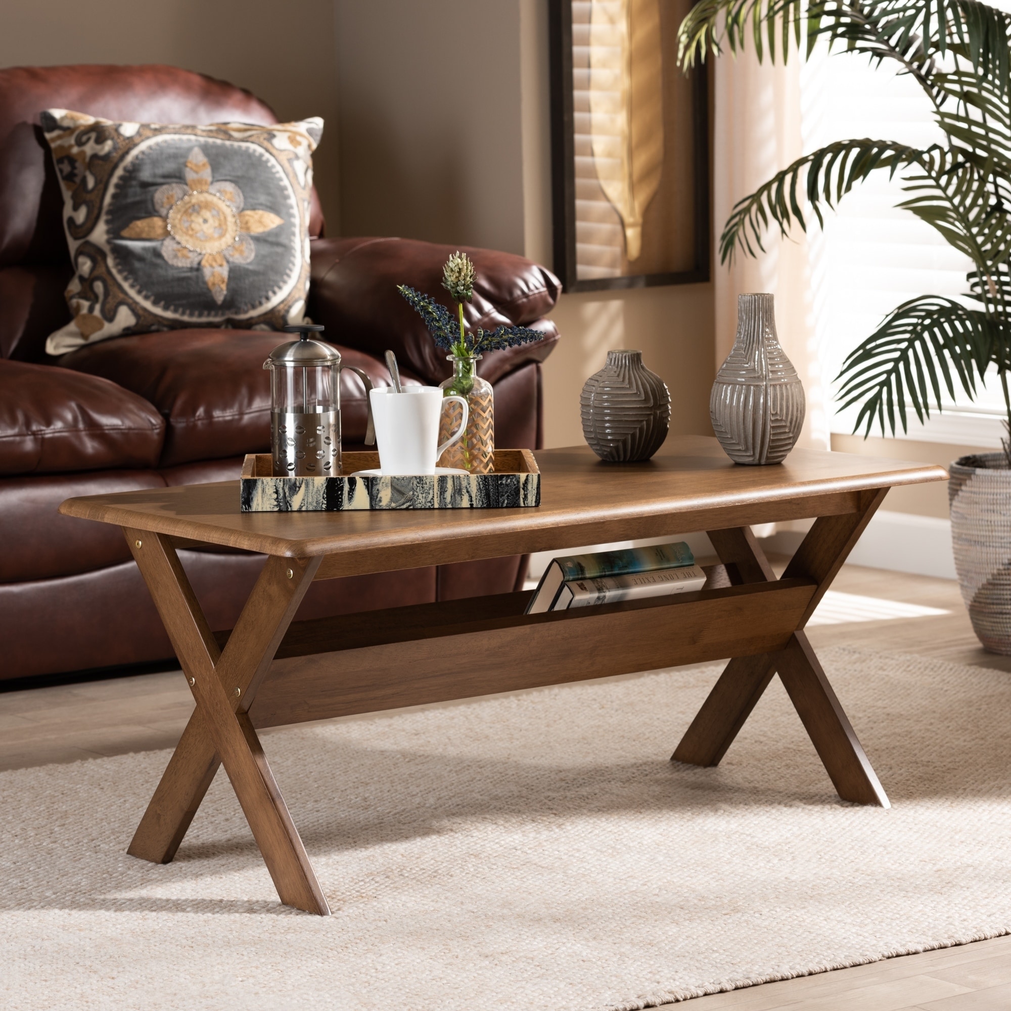 Sarai Modern Transitional Walnut Finished Wood Coffee Table On