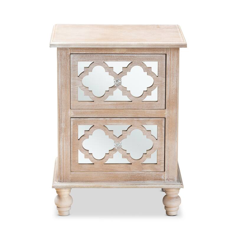 Baxton Studio Celia Transitional Rustic French Country White-Washed Wood and Mirror 2-Drawer Quatrefoil End Table