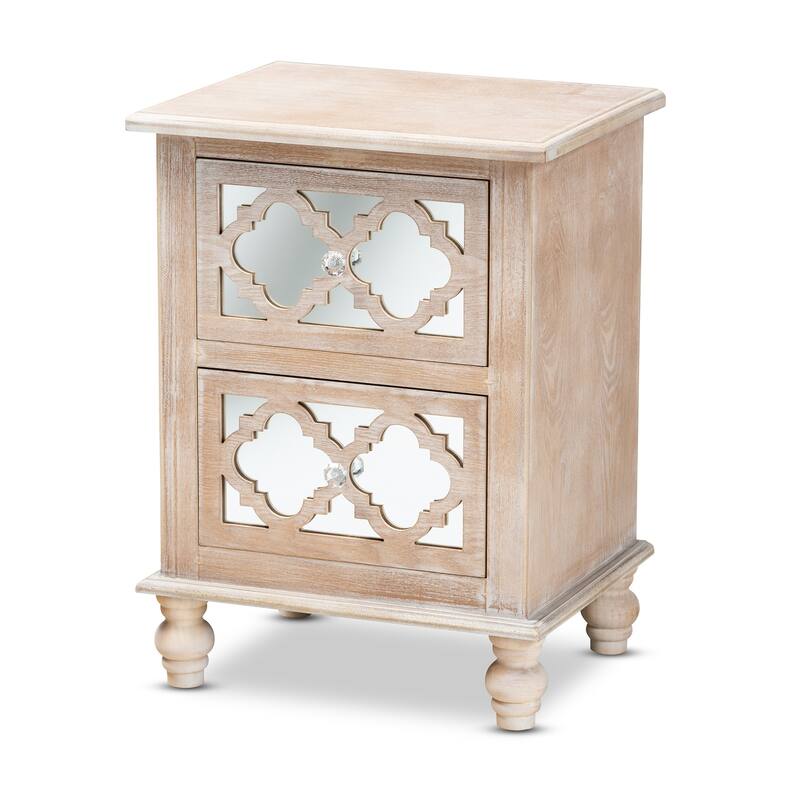 Baxton Studio Celia Transitional Rustic French Country White-Washed Wood and Mirror 2-Drawer Quatrefoil End Table - Natural - 2-drawer