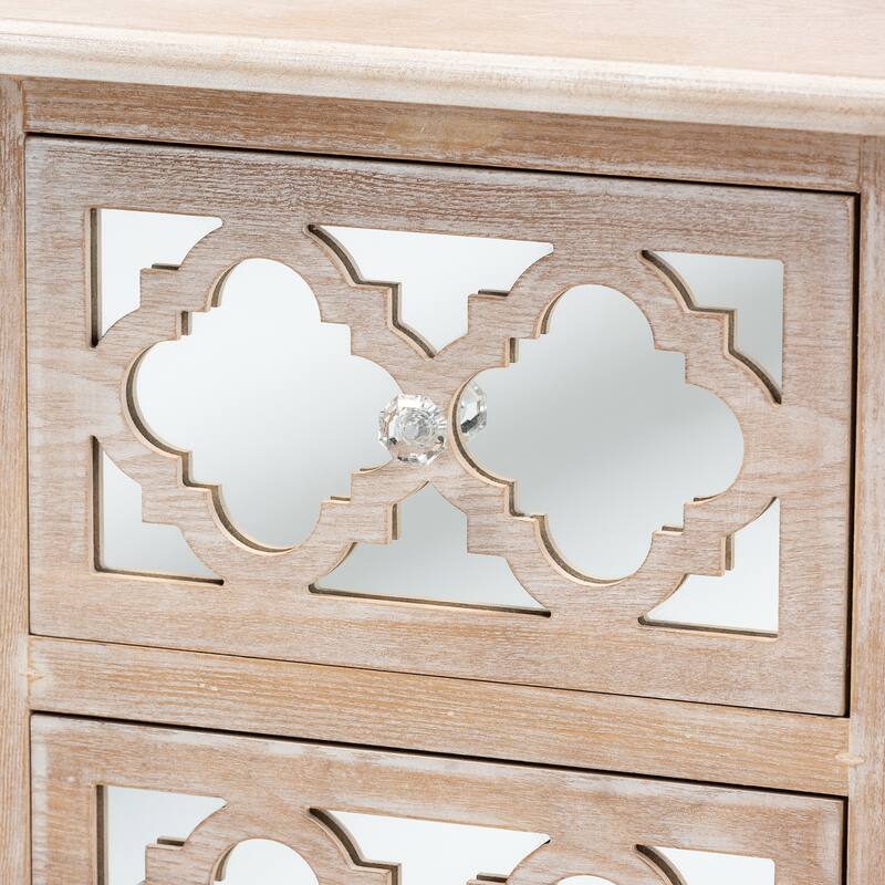 Baxton Studio Celia Transitional Rustic French Country White-Washed Wood and Mirror 2-Drawer Quatrefoil End Table