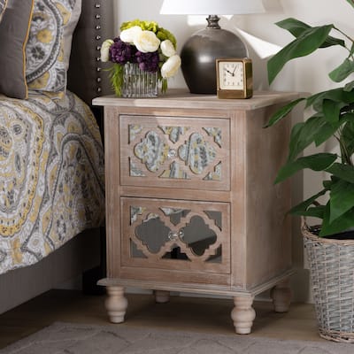 Baxton Studio Celia Transitional Rustic French Country White-Washed Wood and Mirror 2-Drawer Quatrefoil End Table