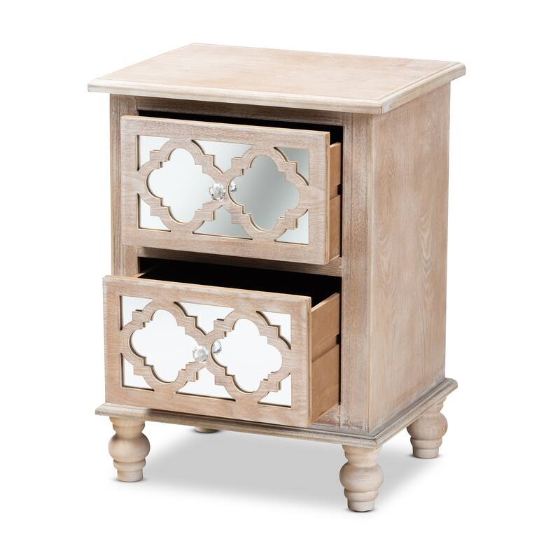 Baxton Studio Celia Transitional Rustic French Country White-Washed Wood and Mirror 2-Drawer Quatrefoil End Table