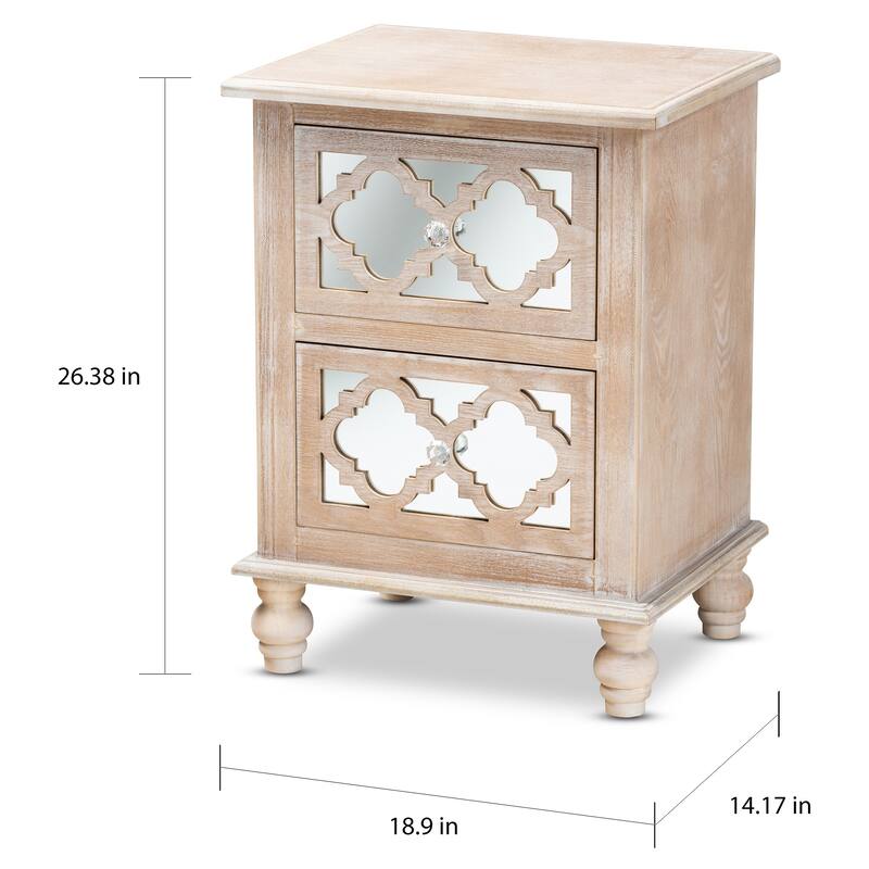 Baxton Studio Celia Transitional Rustic French Country White-Washed Wood and Mirror 2-Drawer Quatrefoil End Table