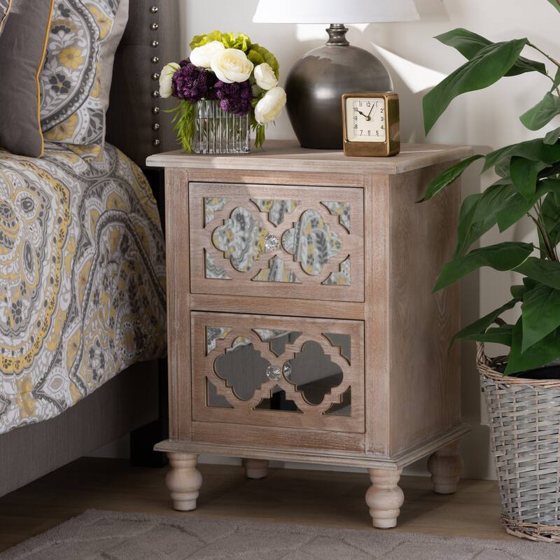 Baxton Studio Celia Transitional Rustic French Country White-Washed Wood and Mirror 2-Drawer Quatrefoil End Table