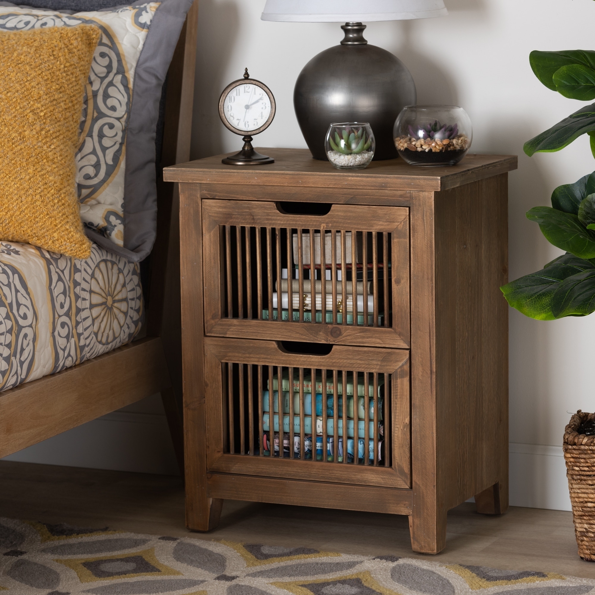 Baxton Studio Clement Rustic Transitional Medium Oak Finished 2-Drawer Wood Spindle End Table