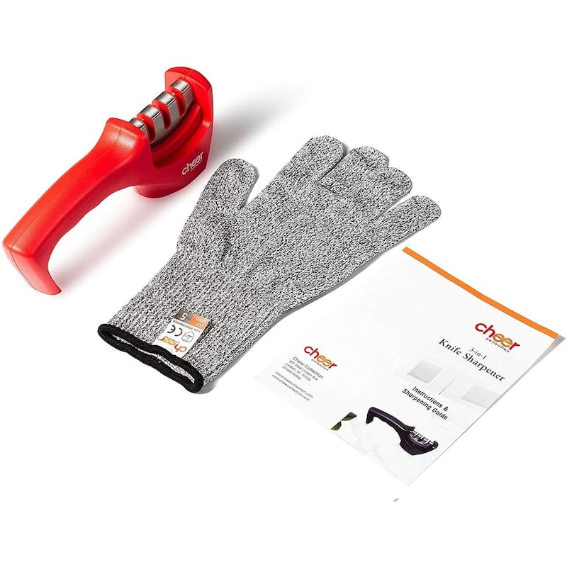Cheer Collection Culinary Knife Sharpener, Professional 3-Stage Manual Knife Sharpening with Safety Glove - N/A
