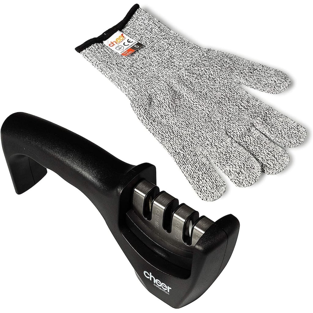 Cheer Collection Culinary Knife Sharpener, Professional 3-Stage Manual Knife Sharpening with Safety Glove