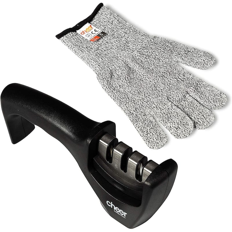 Cheer Collection Culinary Knife Sharpener, Professional 3-Stage Manual Knife Sharpening with Safety Glove