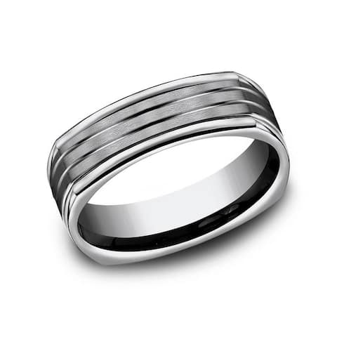 Men's 7mm Square Titanium Satin Finish Comfort Fit Band with Thin Accent Channels