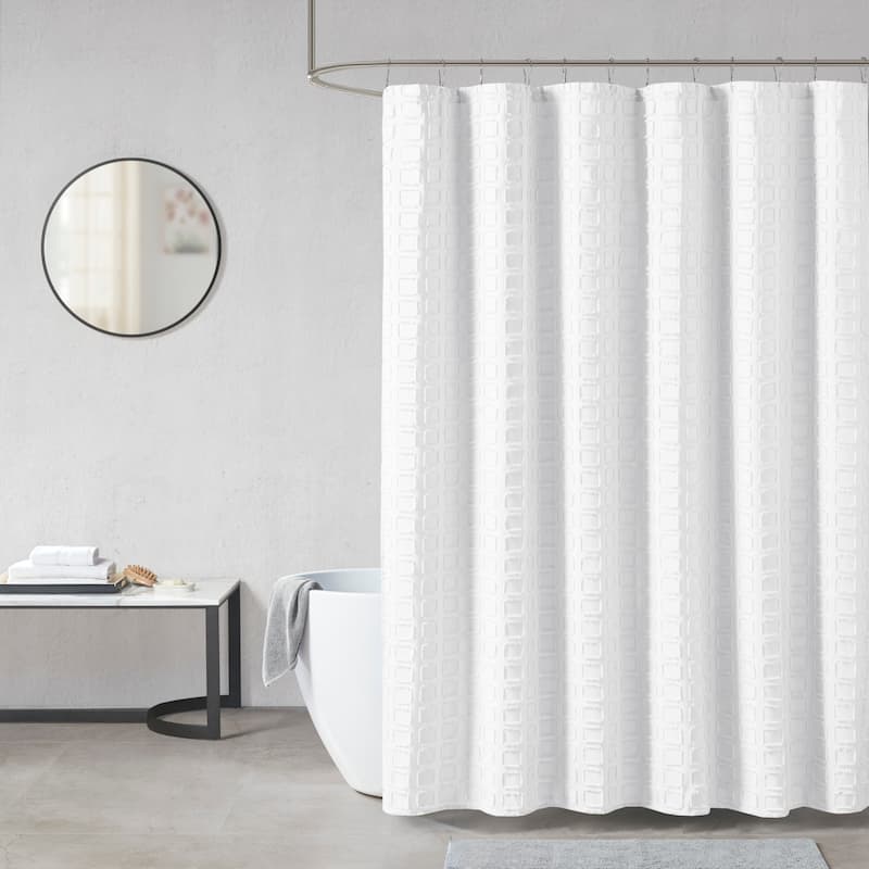 Madison Park Quade Woven Clipped Solid Shower Curtain - White