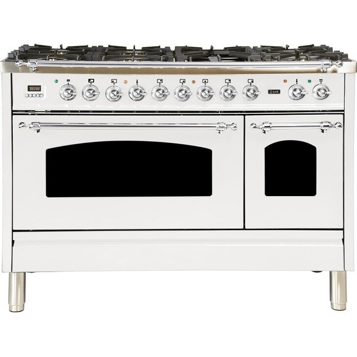 Ilve  UPN120FDMPBXNG 48" Nostalgie Series Dual Fuel Natural Gas Range, 5 cu. ft. Total Capacity, Chrome Trim, in White