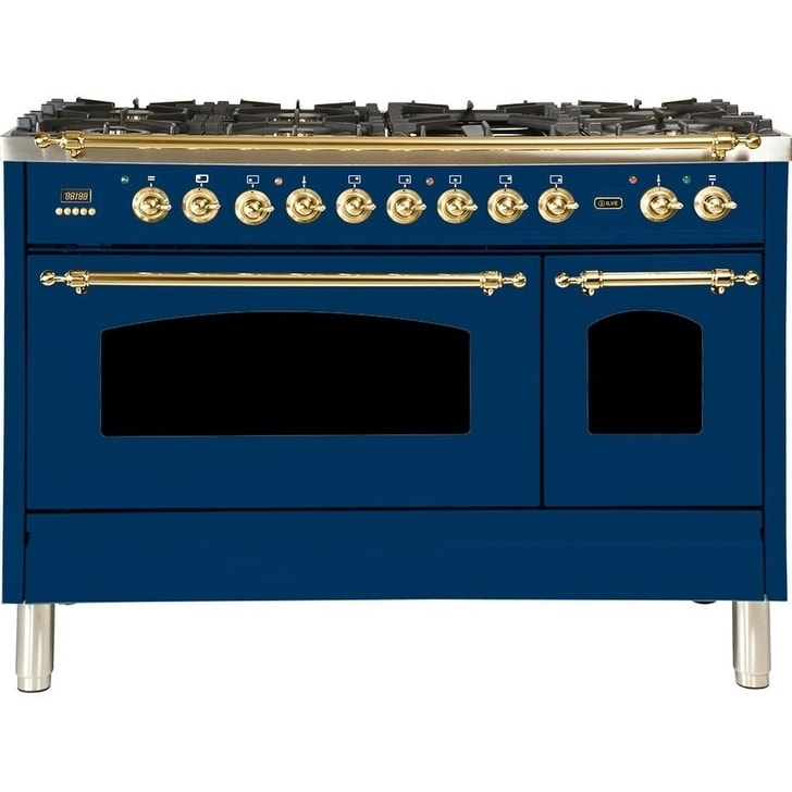 Ilve  UPN120FDMPBLNG 48" Nostalgie Series Dual Fuel Natural Gas Range, 5 cu. ft. Total Capacity, Brass Trim, in Blue