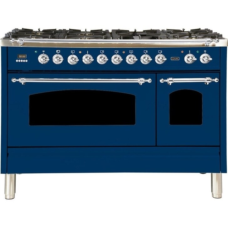 Ilve  UPN120FDMPBLXNG 48" Nostalgie Series Dual Fuel Natural Gas Range, 5 cu. ft. Total Capacity, Chrome Trim, in Blue