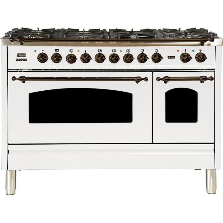 Ilve  UPN120FDMPBYLP 48" Nostalgie Series Dual Fuel Liquid Propane Range, 5 cu. ft. Total Capacity, Bronze Trim, in White