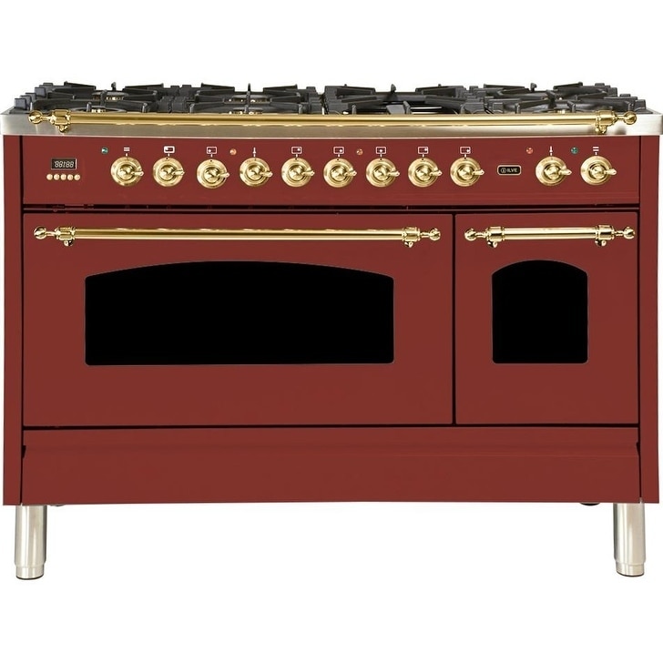 Ilve  UPN120FDMPRBNG 48" Nostalgie Series Dual Fuel Natural Gas Range, 5 cu. ft. Total Capacity, Brass Trim, in Burgundy