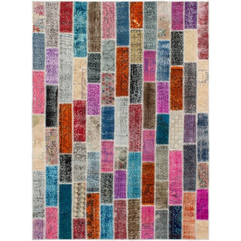 Hand-knotted Color Patchwork Multi Color Wool Rug - 5'11 x 8'0