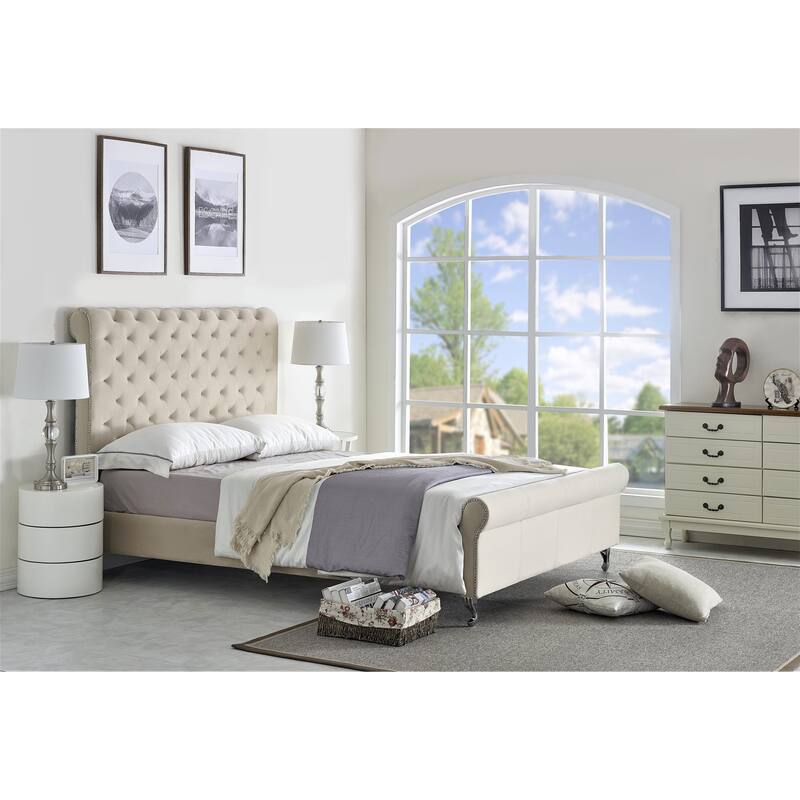 US PRIDE FURNITURE Lollory Upholstered Platform Bed - Ivory - Queen