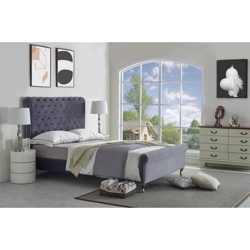 US PRIDE FURNITURE Lollory Upholstered Platform Bed - Grey - Queen