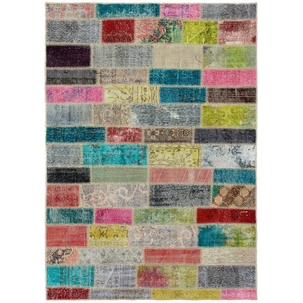 Multicolour Wool Rug Hand-knotted Color Patchwork Multi Color Wool Rug - 5'7 x 7'11/5'7