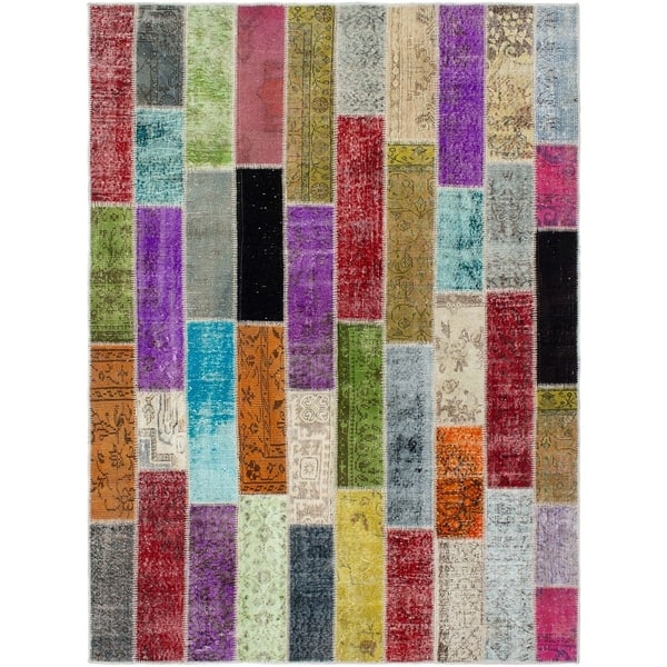 Multicolour Wool Rug Hand-knotted Color Patchwork Multi Color Wool Rug - 6'2