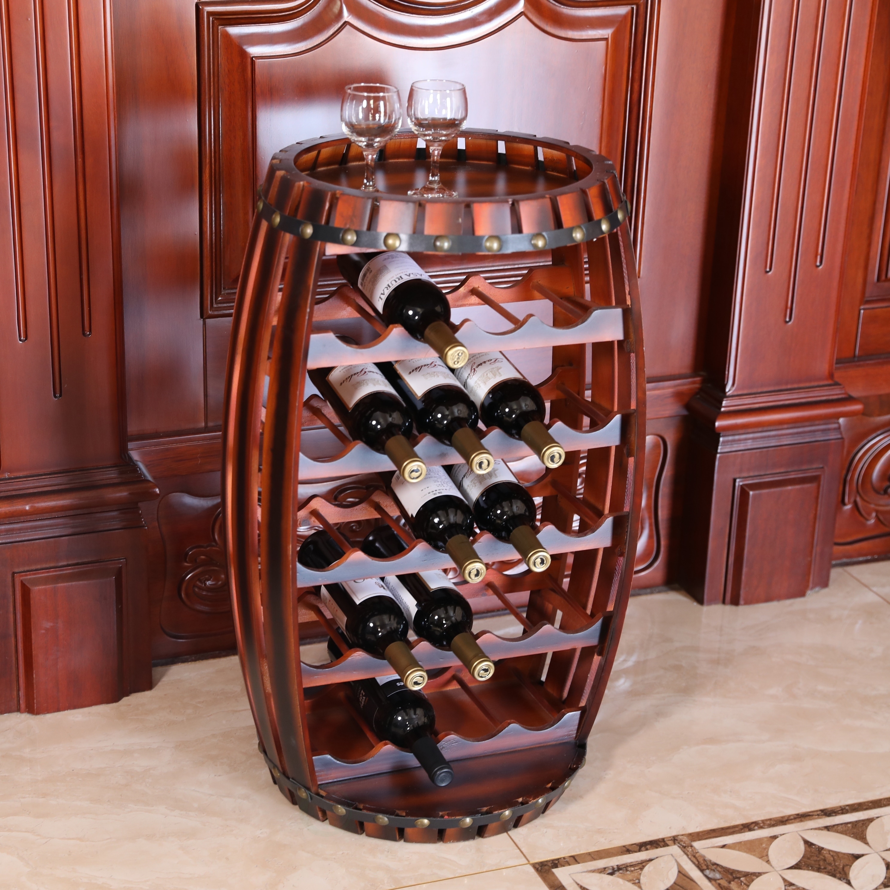 Wine Rack Holder Storage 14 Bottle Wooden Barrel Shaped Decorative Kitchen Brown 