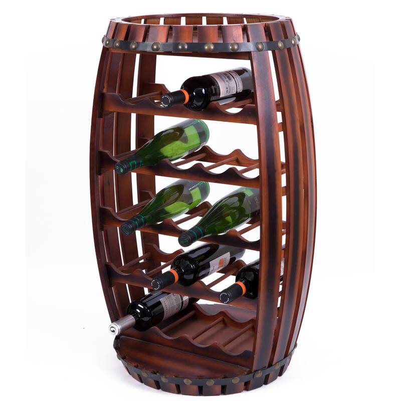 Rustic Barrel Shaped Wooden Wine Rack for 23 Bottles - N/A