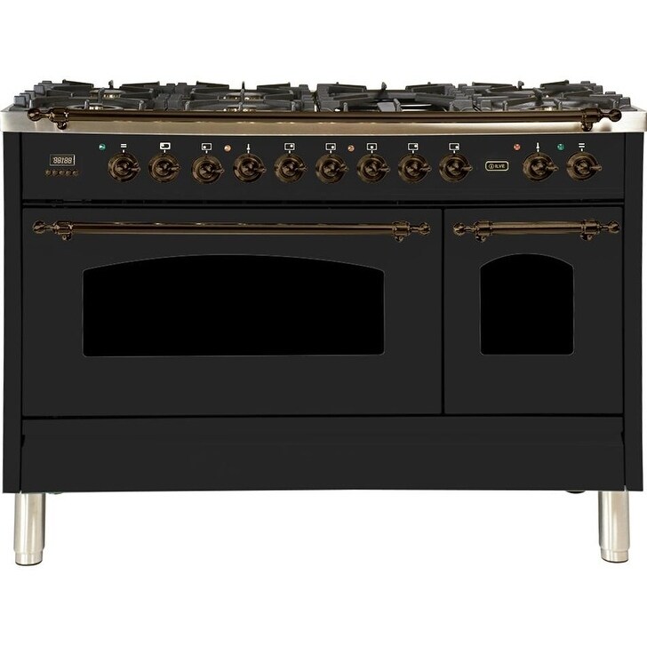 Ilve  UPN120FDMPNYLP 48" Nostalgie Series Dual Fuel Liquid Propane Range, 5 cu. ft. Capacity, Bronze Trim, in Glossy Black