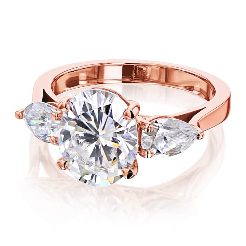 Annello by Kobelli 3.86ct TGW Three Stone Trellis X-Prong Oval and Pear Moissanite Engagement Ring in 14k Gold (GH/VS)