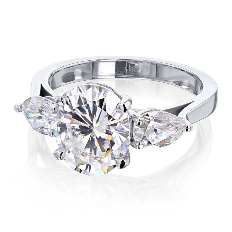 Annello by Kobelli 3.86ct TGW Three Stone Trellis X-Prong Oval and Pear Moissanite Engagement Ring in 14k Gold (GH/VS)