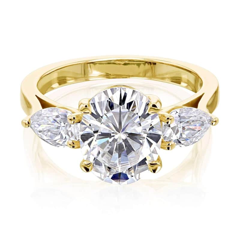 Annello by Kobelli 3.86ct TGW Three Stone Trellis X-Prong Oval and Pear Moissanite Engagement Ring in 14k Gold (GH/VS) - 11 - Yellow