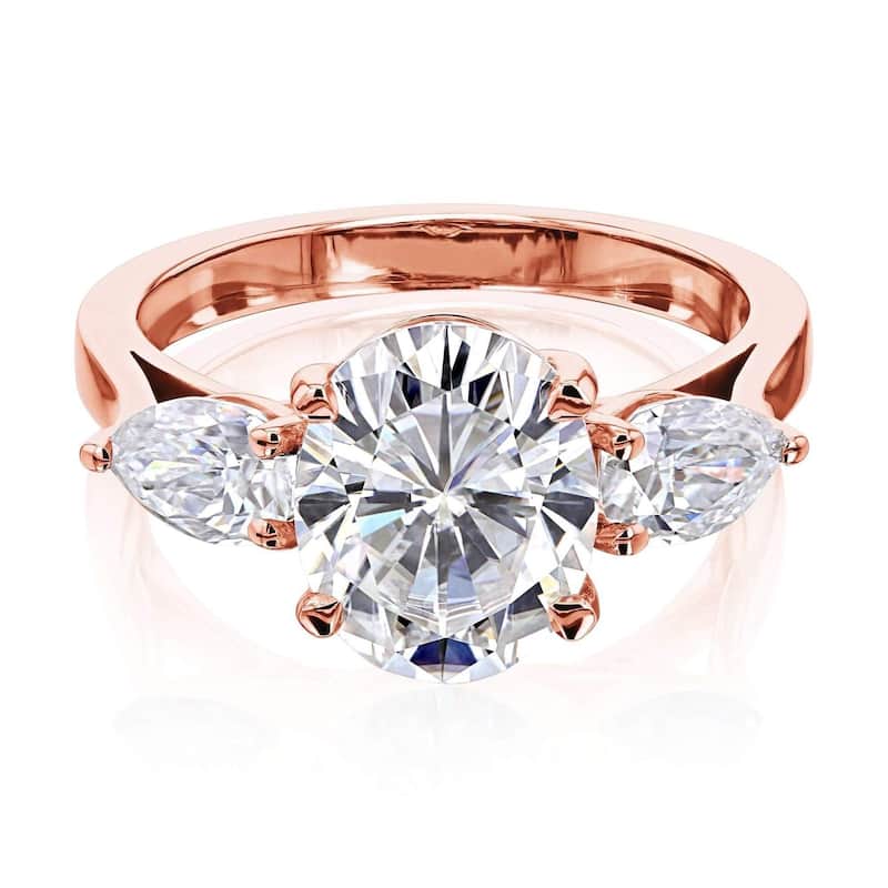 Annello by Kobelli 3.86ct TGW Three Stone Trellis X-Prong Oval and Pear Moissanite Engagement Ring in 14k Gold (GH/VS) - 6 - Rose