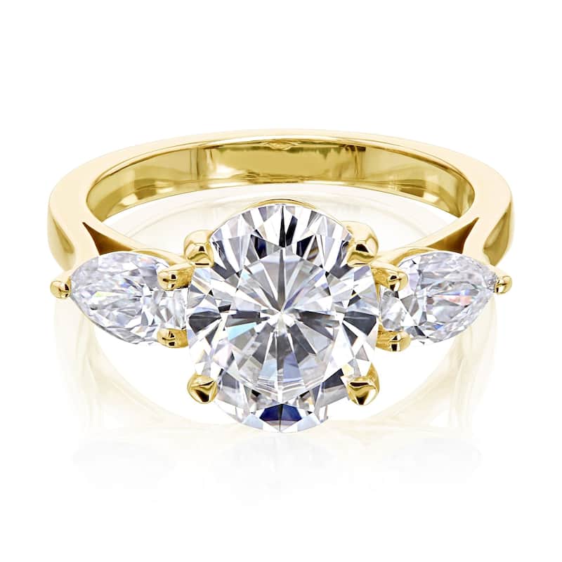 Annello by Kobelli 3.86ct TGW Three Stone Trellis X-Prong Oval and Pear Moissanite Engagement Ring in 14k Gold (GH/VS)