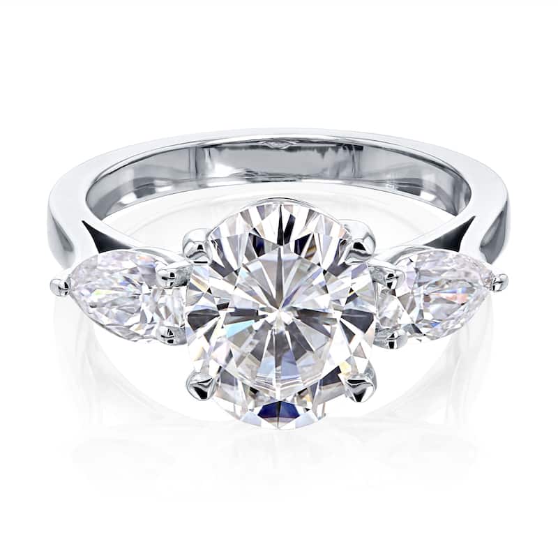 Annello by Kobelli 3.86ct TGW Three Stone Trellis X-Prong Oval and Pear Moissanite Engagement Ring in 14k Gold (GH/VS)