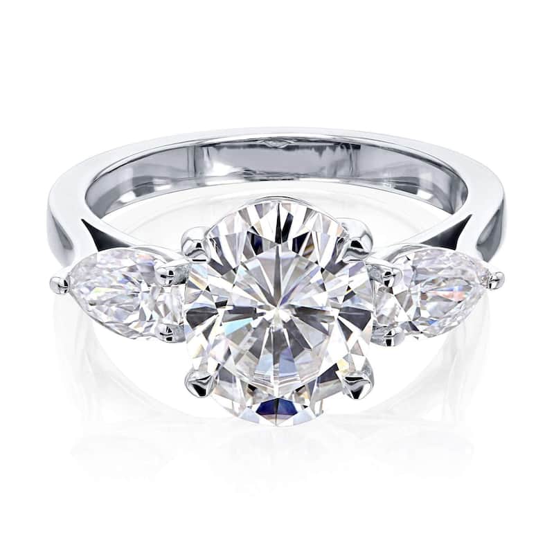 Annello by Kobelli 3.86ct TGW Three Stone Trellis X-Prong Oval and Pear Moissanite Engagement Ring in 14k Gold (GH/VS) - 8.5 - White