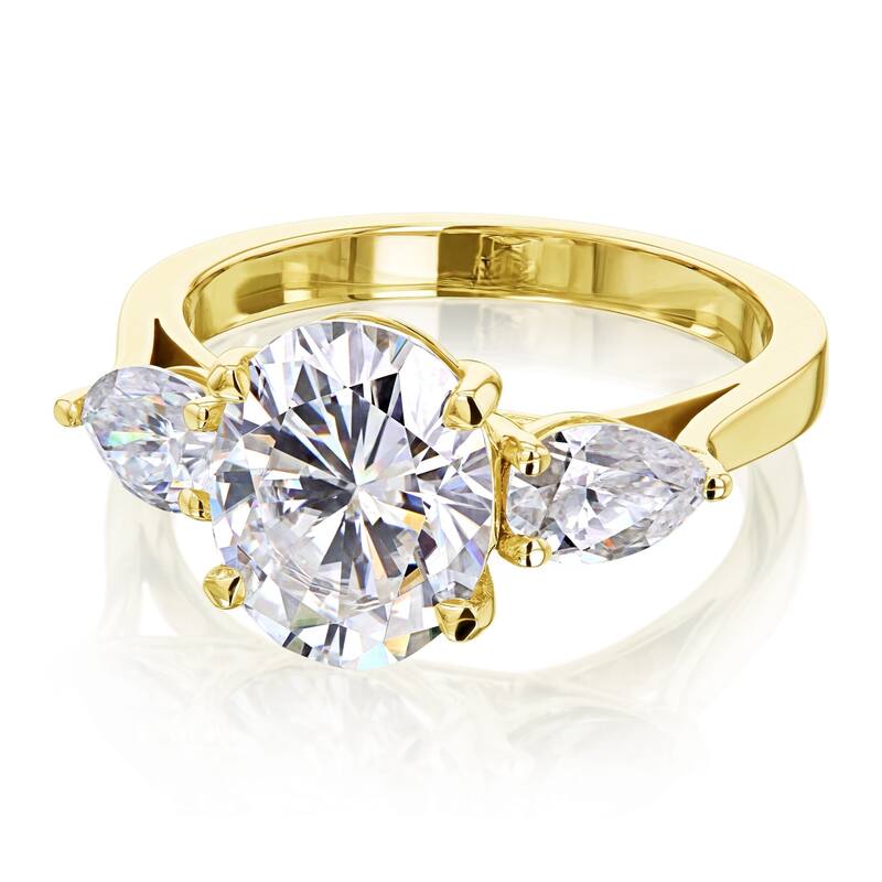 Annello by Kobelli 3.86ct TGW Three Stone Trellis X-Prong Oval and Pear Moissanite Engagement Ring in 14k Gold (GH/VS)